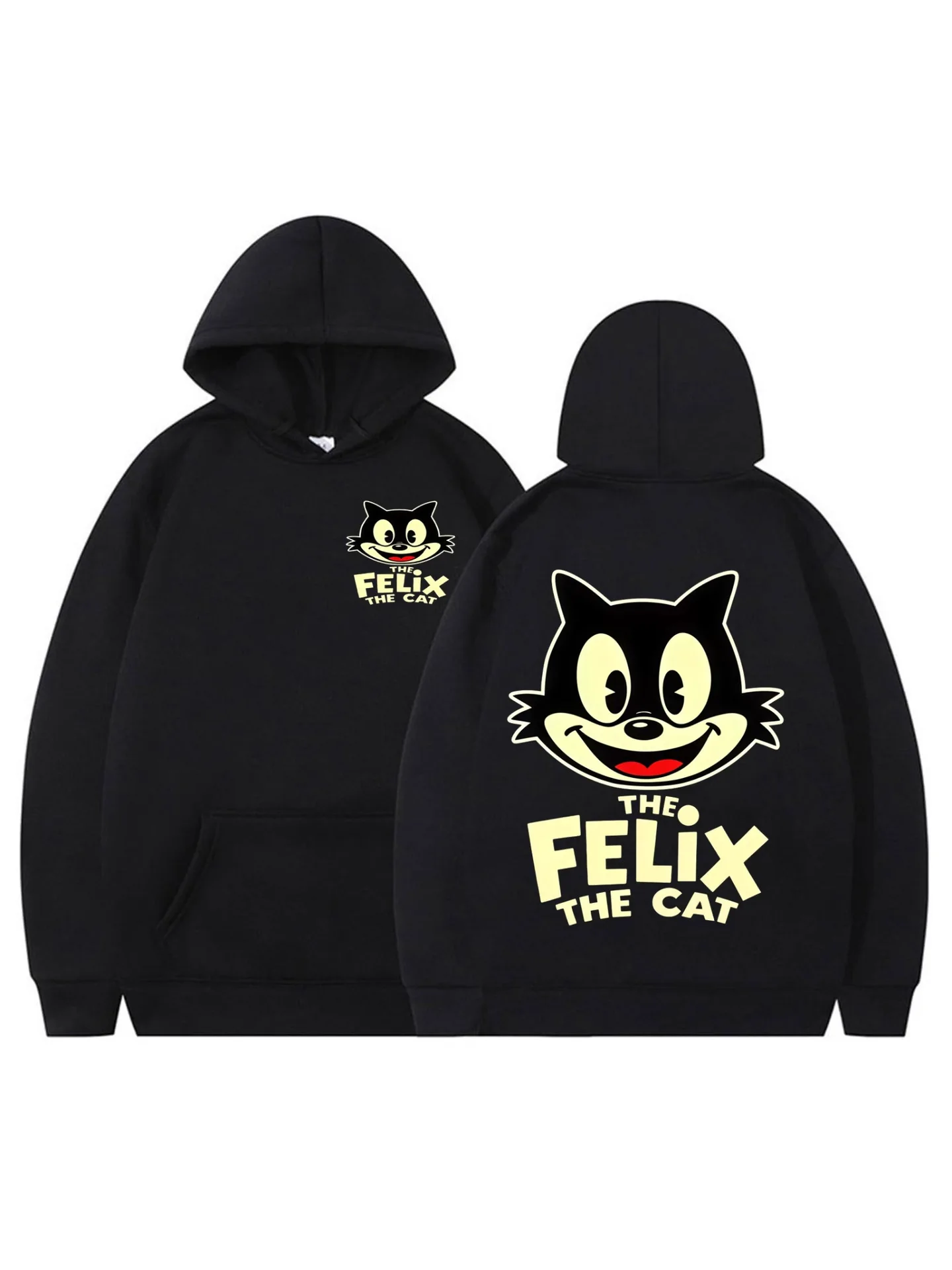 Modisches Felix-Sweatshirt mit Katzenmuster, schwarz, lockere Passform, Kapuzenpullover in Übergröße, klassisches, mit Cartoon-Fleece gefüttertes Sweatshirt – Detail 6