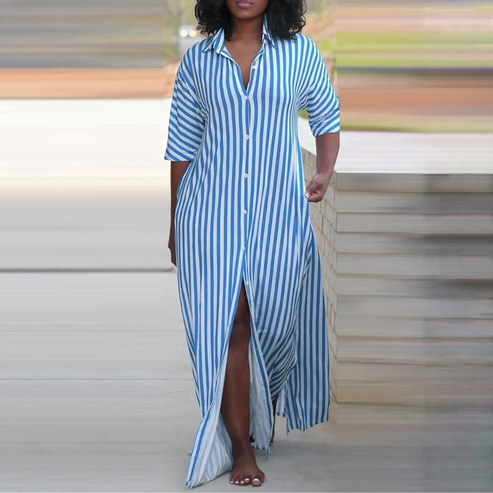 

2024 Summer Shirt Dress Women Vintage Striped Printed Vestido Fashion Short Sleeve Robe Casual OL Irregular Knee Sundress