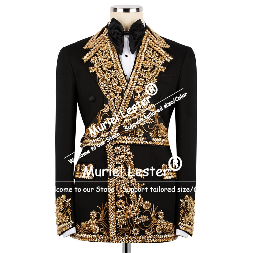 

Gold Beaded Stones Suits Men For Wedding 2 Piece Set Double Breasted Groom Tuxedos Customized Male Fashion trajes para hombre
