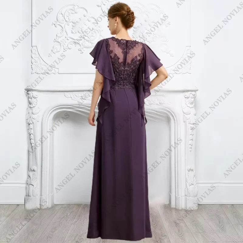 Robe trapèze violette pour la mère de la mariée, col bijou, robes d'invité de mariage, robe de soirée à paillettes appliquées