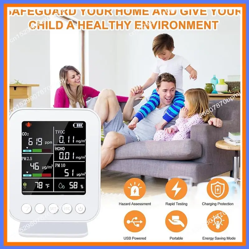 BAAE Monitor inteligente de calidad del aire 7 en 1 con PM2.5, detector de CO2 con alarma, sensores de temperatura y humedad, pantalla LED