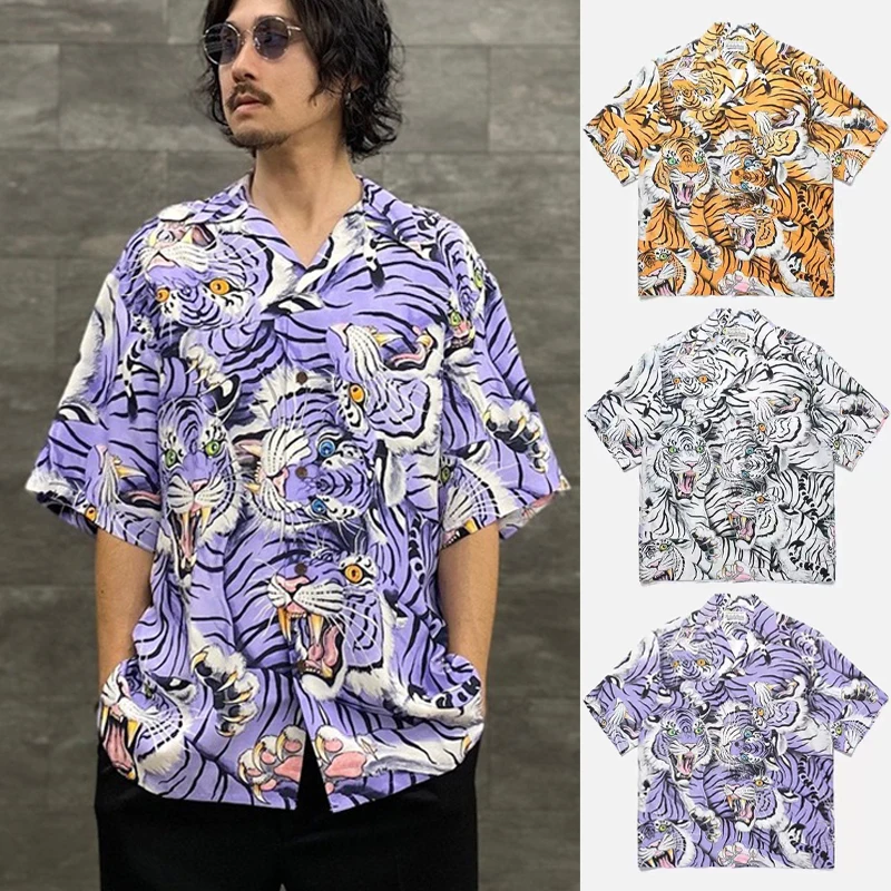 

White Blue Yellow Hawaii Beach Shirt Tiger Pattern Print Men Woman 1:1 Good Quality Quick Drying Lapel T Shirt Tops