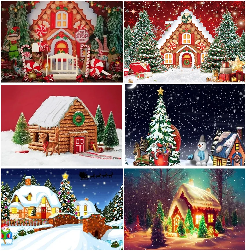 

Winter Snowy Xmas Christmas Trees Snowman Backdrops Candy House Decoration Happy New Year Party Night Photographic Backgrounds