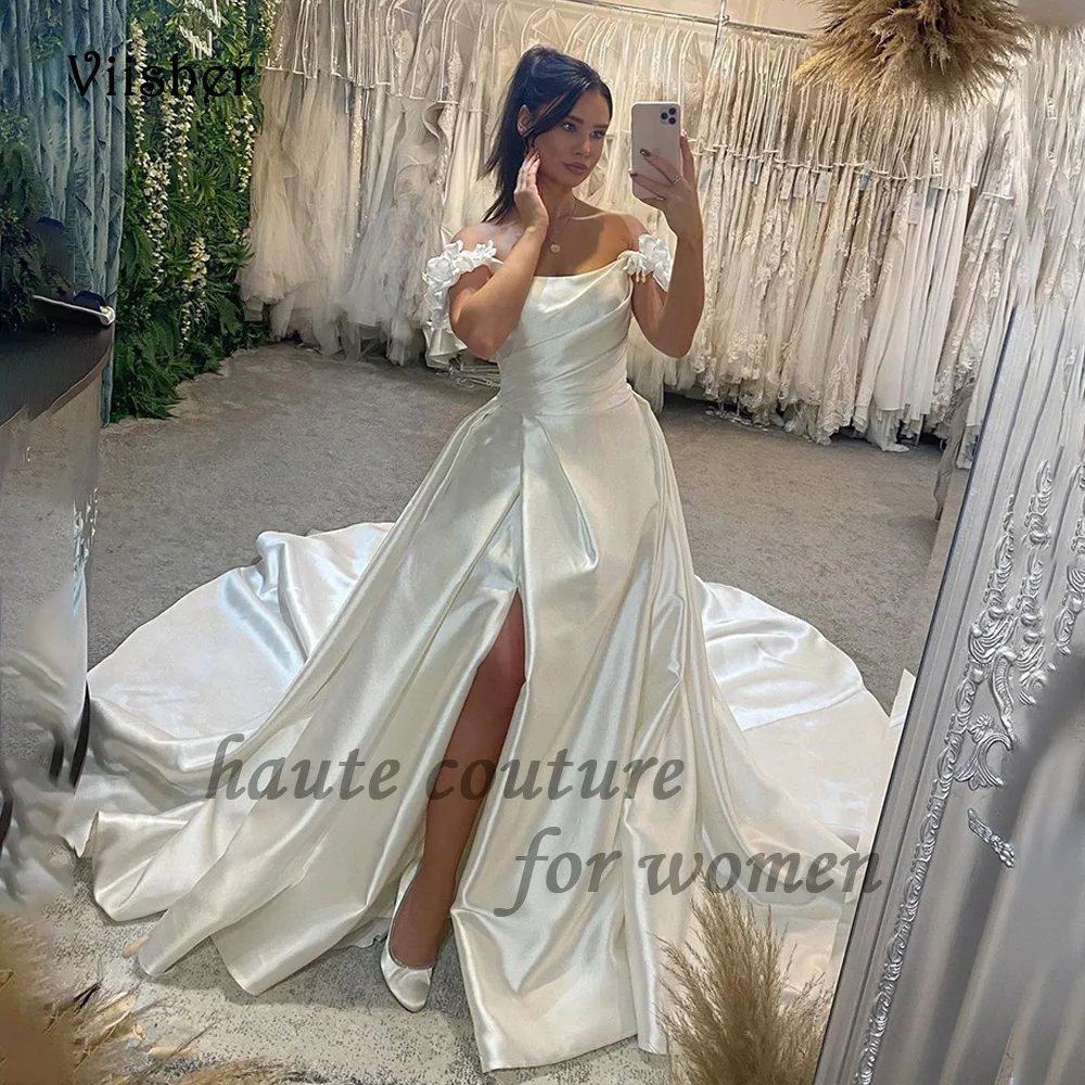 

Ivory Satin A Line Princess Wedding Dresses with Slit Off Shoulder Pleats Long Vintage Bridal Gowns with Train Civil Bride Dress