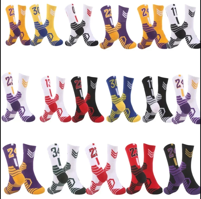 3 pairs of mid-tube basketball socks adult thick-soled sports socks non-slip basketball player number sports crew towel socks