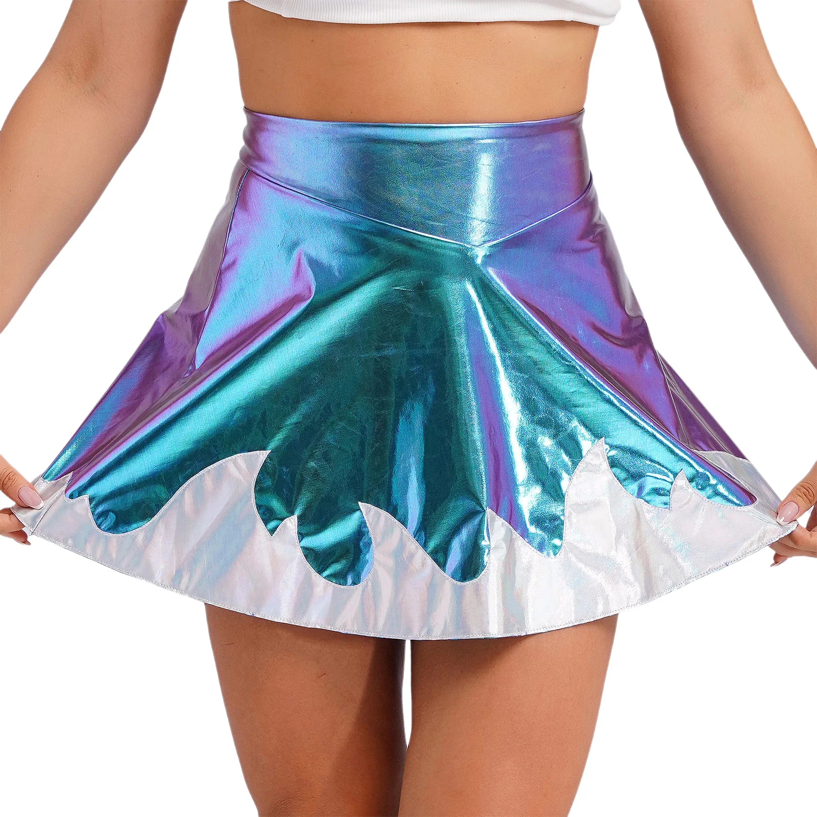 Womens Metallic Shiny Flared Mini Skirt Wet Look Fashion Pleated Skater Skirts Miniskirt Rave Nightclub Dance Party Clubwear