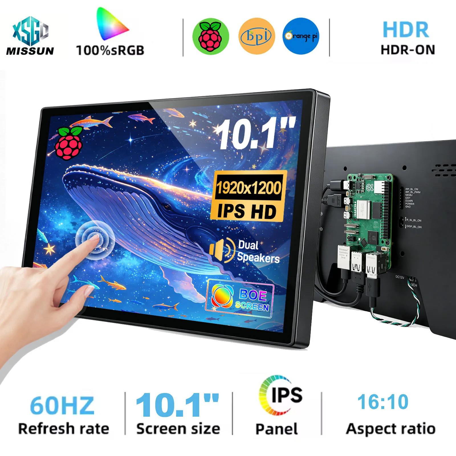 10.1" Raspberry pi5 4/3B Touchscreen Monitor 1920x1200 IPS Display DC 12V HDMI RPI for Raspberry Pi Industrial CCTV 75*75mm VESA