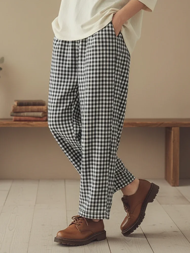 ZANZEA Women Wide Leg Pants Vintage Gingham Elastic Waist Casual Loose Checked Ankle-Length Trousers Everyday Wear Woman Clothes