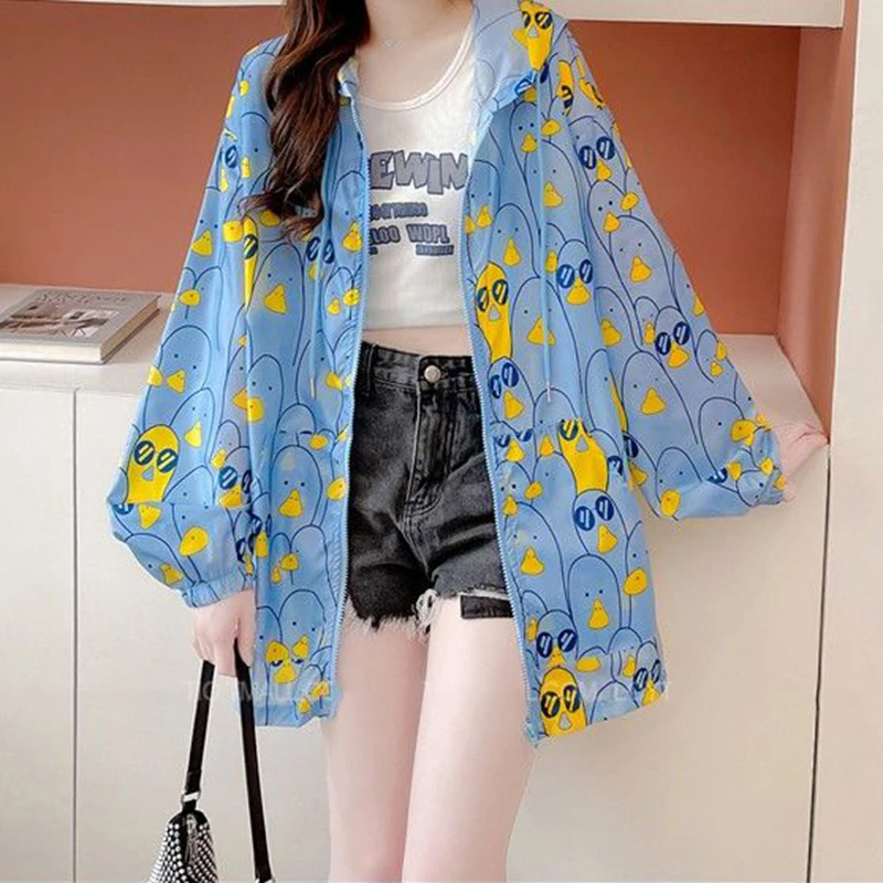 

2024 New Summer Thin Sunscreen Jacket Womens Loose Leisure Fashion Print Long Sleeve Hooded Trench Coat Women Casual Outerwear