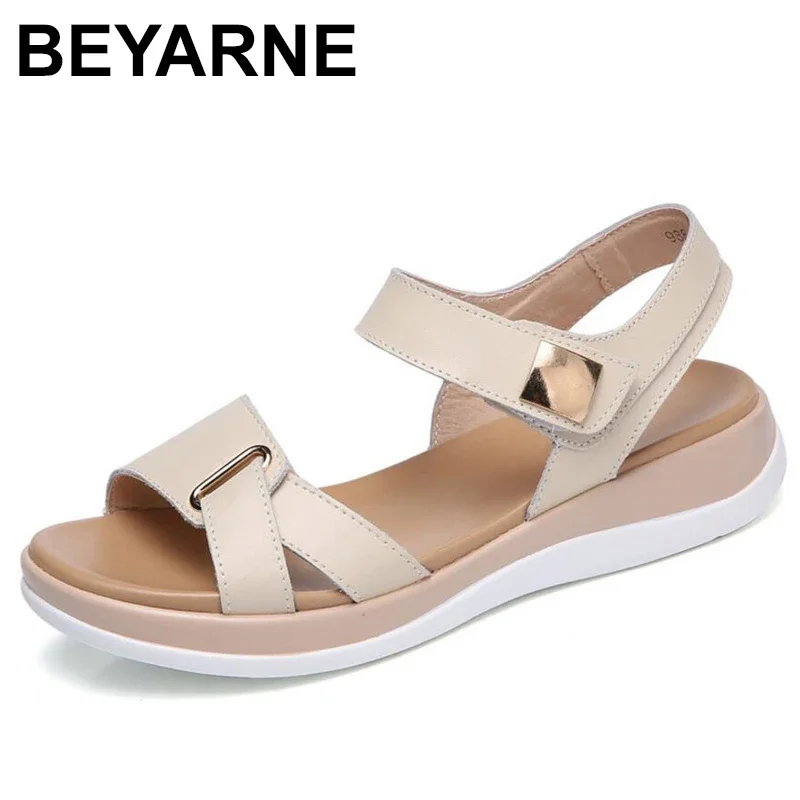 BEYARNE New Summer Women Sandals Flat shoes Woman Light Comfortable Leather Casual Hook Loop Sandalias mujerWomen\'s FootwearE234