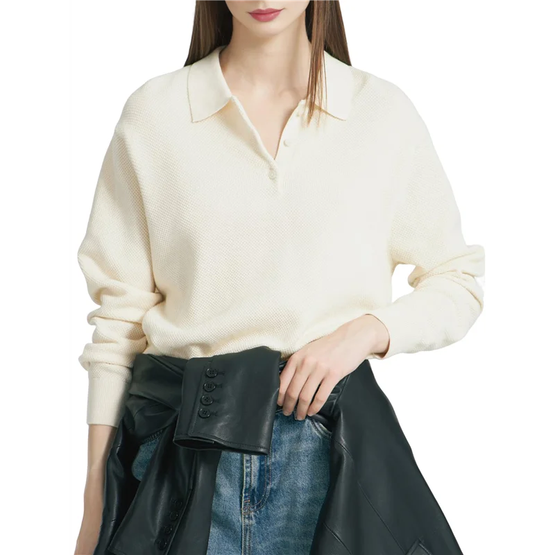 FX-Women's Long Sleeve Shirt Casual V Neck Loose Fit Formal Work Shirt Tops Autumn Clothing Cream White L