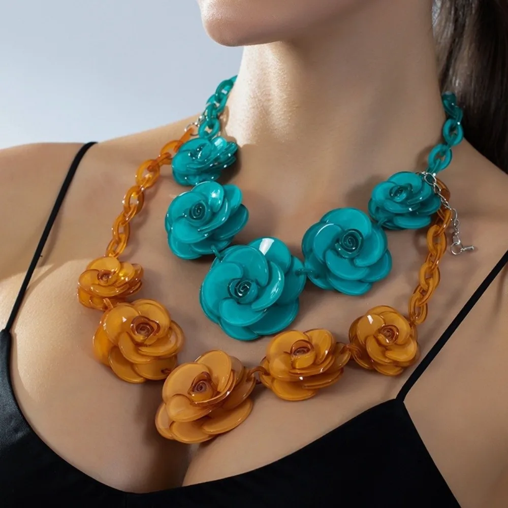 

Fashion Flower Shape Necklace Acrylic Colorful Rose Sweater Chain Exaggerated Pendant Jewelry Clavicle Chain