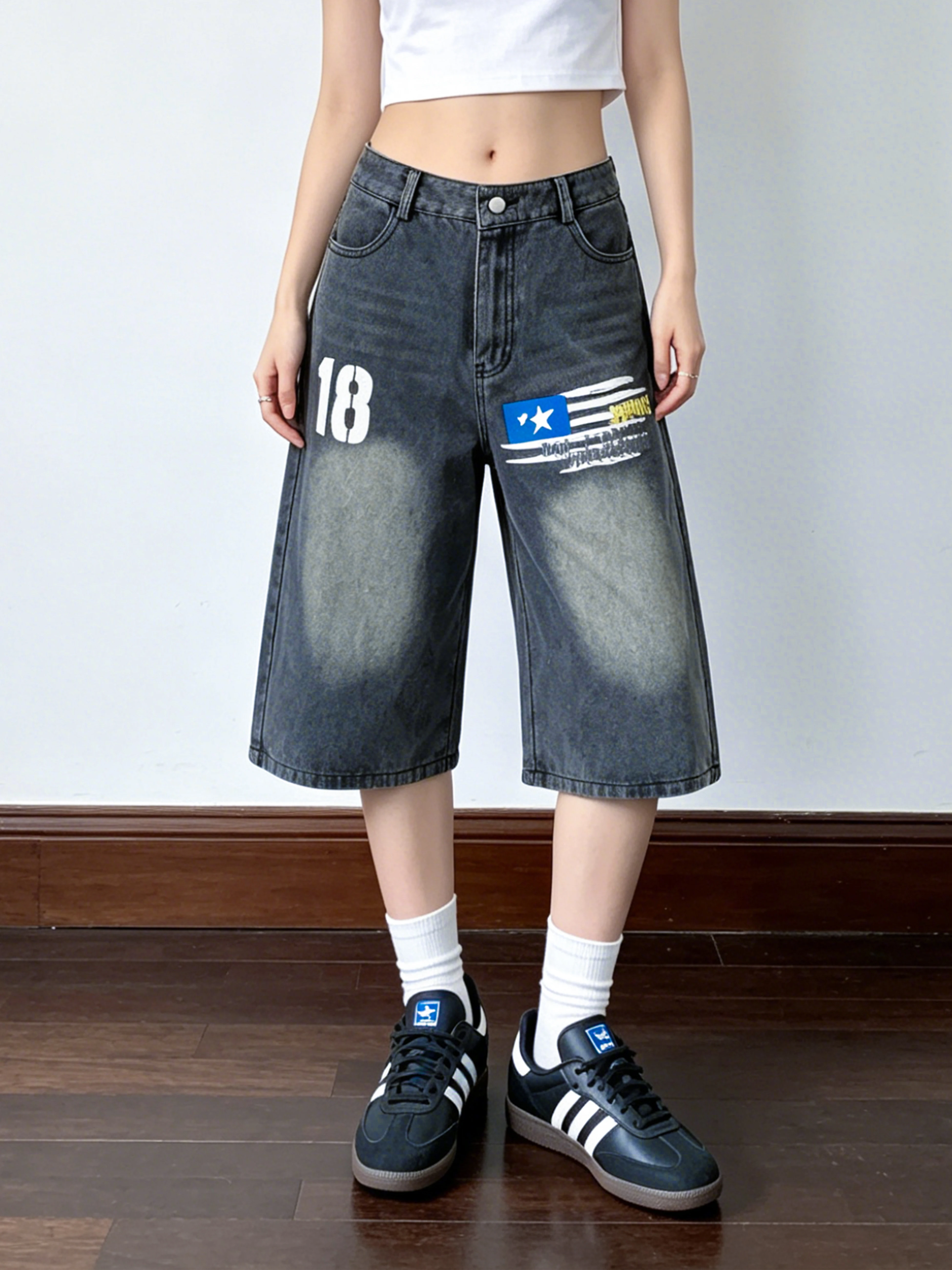

Loose Wide Leg Women's Jeans Hip Hop Street Style Casual Cotton Natural Waist Button Fly Summer Fashion Neutral Seven Inch Pants