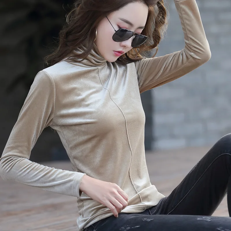 Thickened Autumn and Winter Lining with Velvet High Collar Slim Fit Long Sleeved T-Shirt for Women New Base Shirt Fashion Top