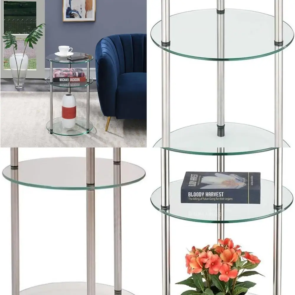 

Modern 3-Tier Glass End Table - 15.75 Round Storage Side Table for Living Room, Bathroom, Bedroom, Office