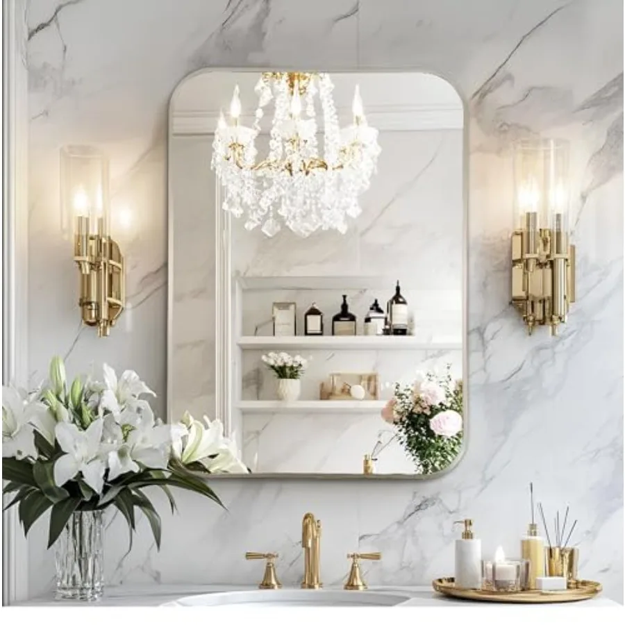 

22x30Inch Brushed Bathroom Mirror, Rectangle Wall Mounted Mirror for Bathroom or Entryway, Anti-Rust Frame and Tempered Glass,