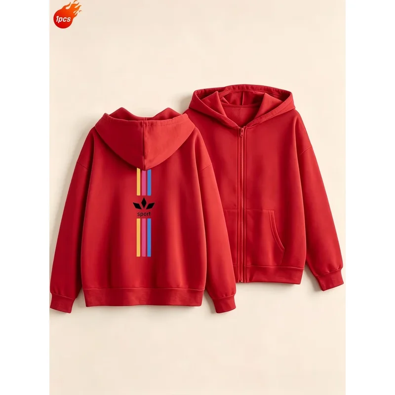 1 piece girls' zipper hoodie with sporty triangle pattern printed cardigan jacket  trendy and fun, youth girl autumn and winter