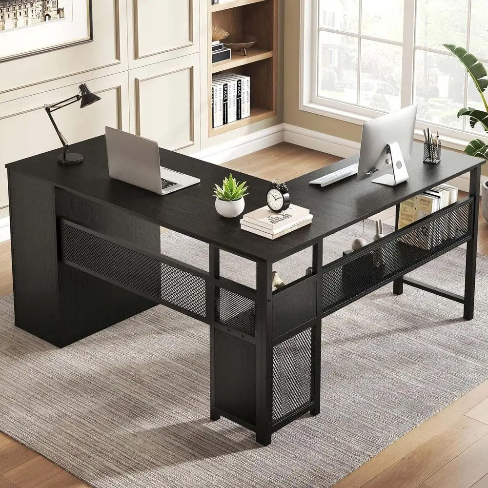 Large Reversible L-Shaped Desk with Drawers and Storage Cabinet, 59 Inch