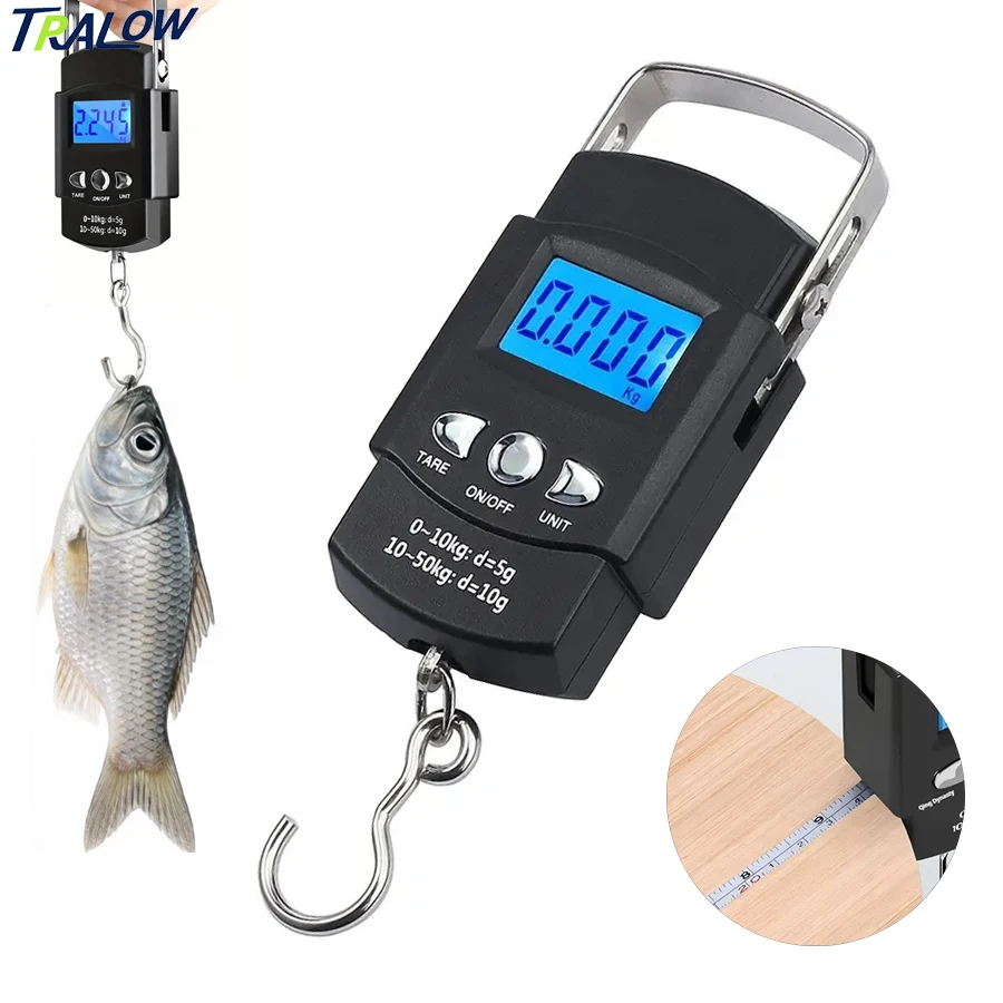 TRALOW 50kg/110lb Portable Electronic Hand Scale LCD Backlight Display with Measuring Tape Digital Hanging Scale Fishing Travel