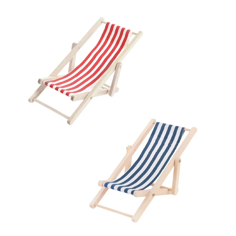 

2 Pcs Deck Chair Model Outdoor Toys Mini Hand-woven Recliner Wooden Props Folding Cloth Beach Scene Child Dollhouse Decor