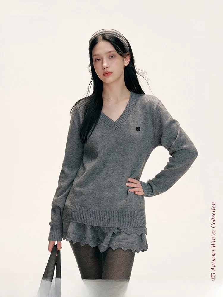 

Liilou Geeks Chic Wool Blend V-ne Knitted Sweater Double Layer Cake Skirt Set Casual Sle Four Seasons Adult Women's Faion