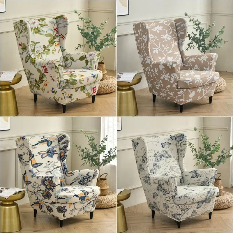 Floral Wing Chair Cover Stretch Spandex Armchair Slipcovers Removable Sofa Covers with Seat Cushion Cover Furniture Protector