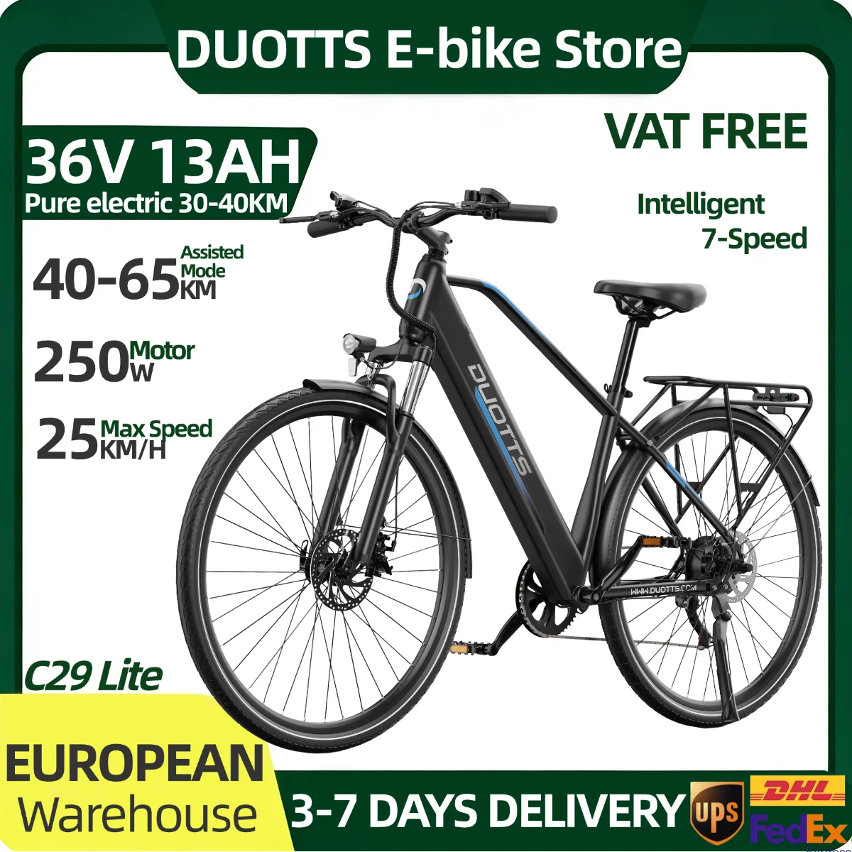 Vélo électrique adulte DUOTTS C29 Lite 36V 10AH, pneus 27.5*2.25, 7 vitesses, autonomie électrique pure 30-40KM, VTT, moteur 250W, batterie lithium amovible, freins à disque, pour trajets quotidiens en ville, banlieue, tout-terrain, livraison gratuite avec sacoche arrière.