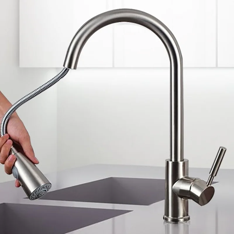 Brushed Kitchen Faucet Stainless Steel Faucets Hot Cold Water Mixer Tap 2 Function Stream Sprayer Pull Out  Taps