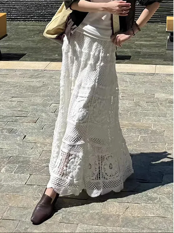 

Ele White Lace Hollow out Semi-Body Skirt Women's Loose Long Dr European Faion Brand New Winter Collection