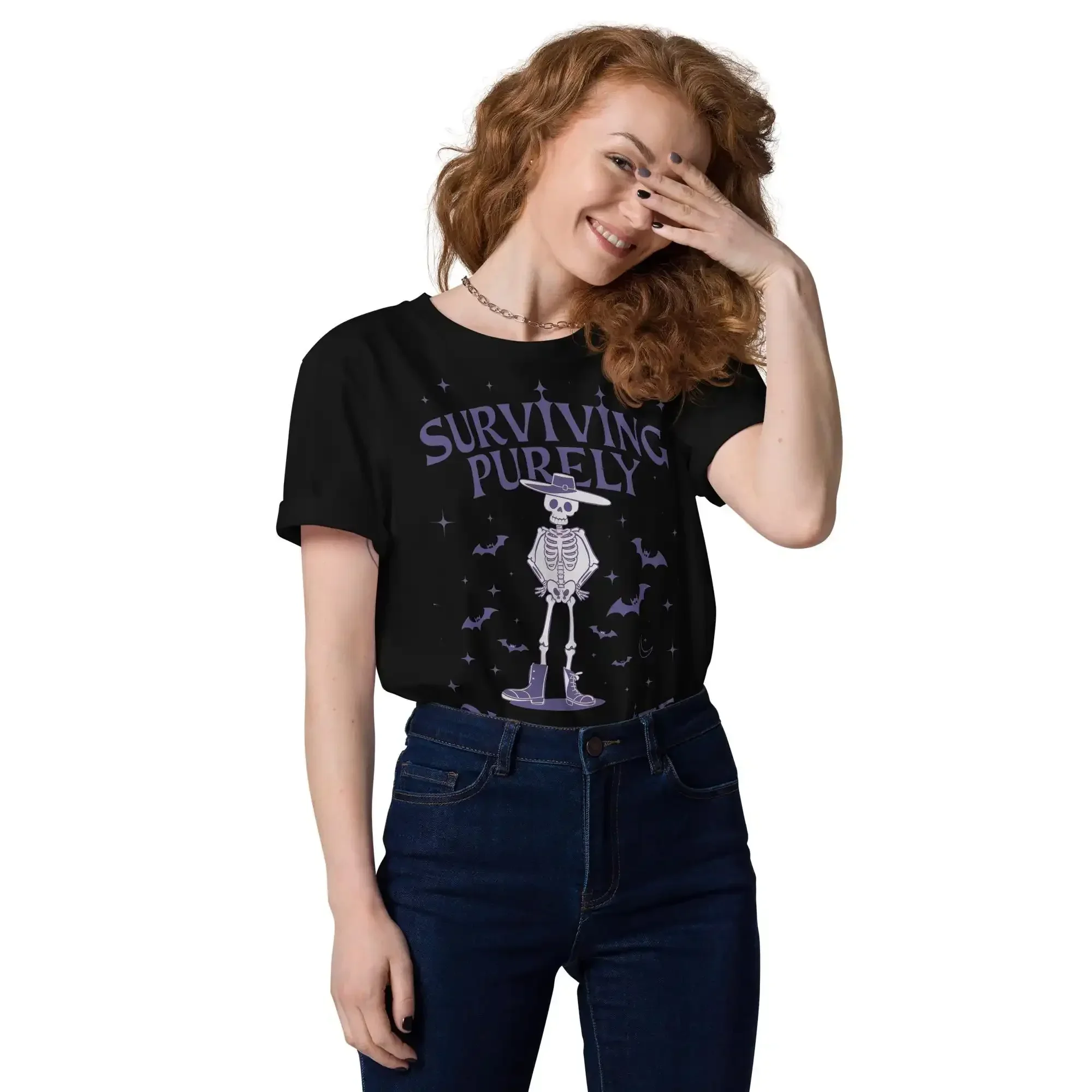 Surviving Purely Out Of Spite ComforT T Shirt Funny Goth Celestial Skeleton and Bat Lover Gothic Boho Woman