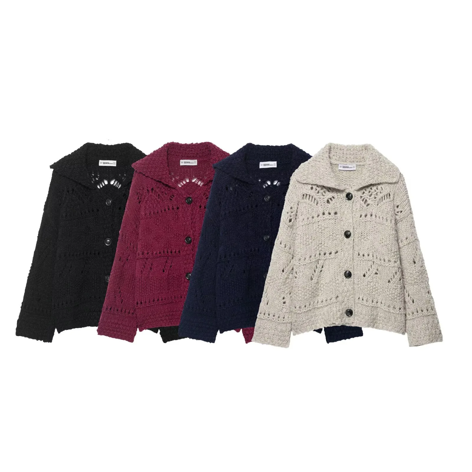 

Women's Hollow Knit Chunky Cardigan Autumn Winter Loose Fashionable Versatile Lapel Jacket Single-Breasted Solid Color Coat