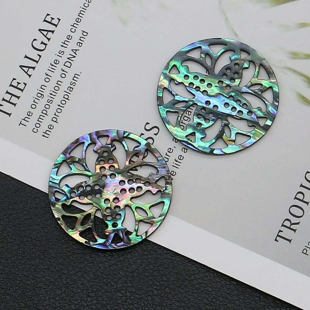 Unique Niche Natural Freshwater Abalone Shell Round Carved Pattern Hollow Pendant DIY Necklace Earring Jewelry Accessories