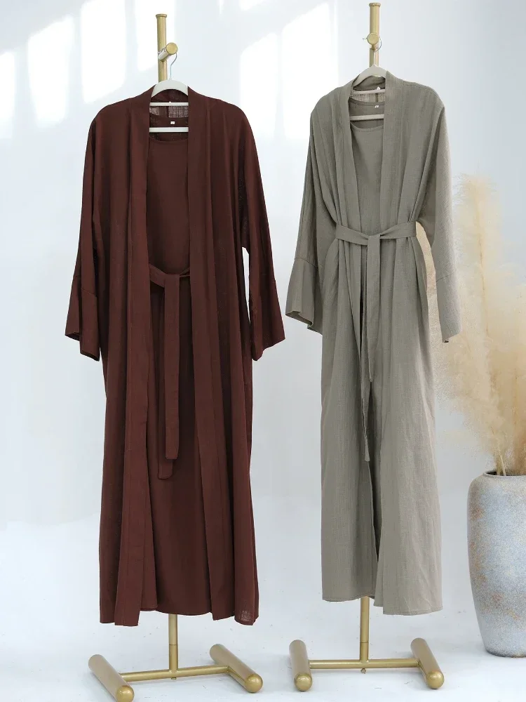 이드 무슬림 여성용 아바야 드레스 세트 2피스 코튼 린넨 아바야 아랍 잘라비야 파티 드레스 카프탄 베스티도스 롱 로브 잘라비야