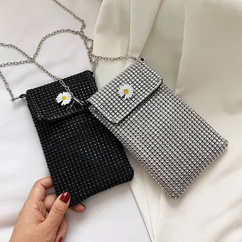 Nuevo bolso diagonal Joker de uso diario, bolso para teléfono móvil personalizado brillante, decoración floral, bolso diagonal de un solo hombro con cadena para mujer