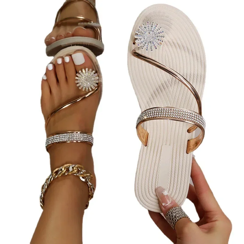 Summer New Fashion Women's Beach Sandals Rhinestone Flat Slippers Luxury Sandals Women Designers Designer Shoes Sunflower