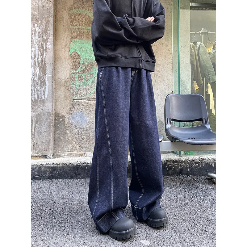 Jeans Denim Kaki Lebar Biru Tua Celana Panjang Potongan Lurus Longgar untuk Pria Celana Panjang Pinggang Rendah Sle Amerika Antik Musim Gugur Musim Dingin