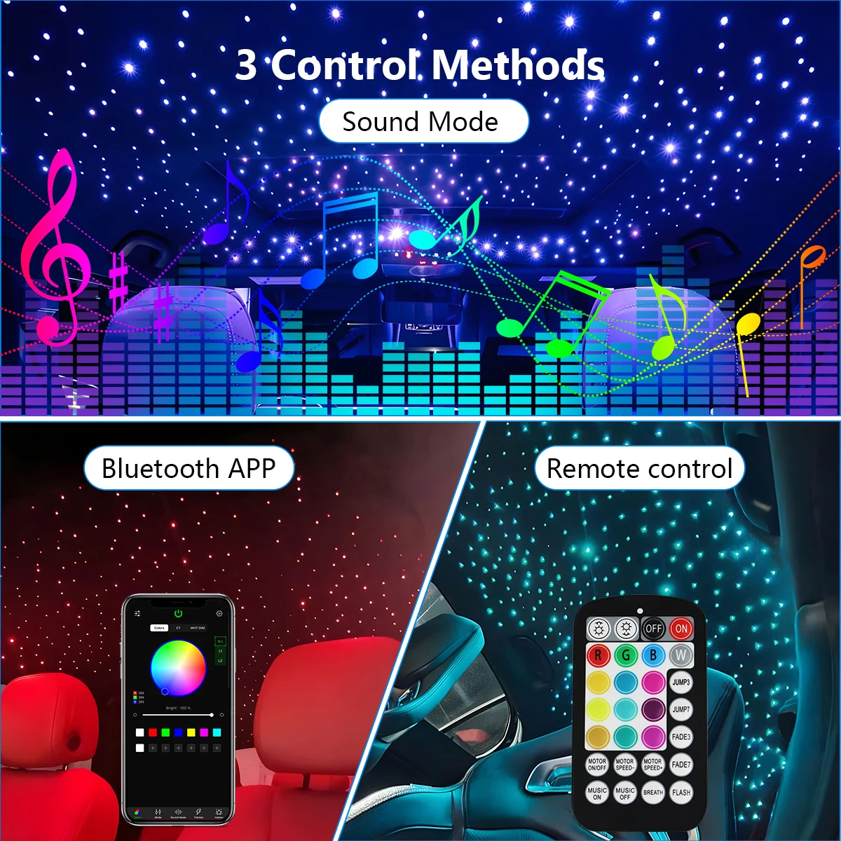 Imagem -04 - Rgbw Cintilação Luzes de Fibra Óptica Estrela Kit Luz Teto Bluetooth Controle App Céu Estrelado Teto do Carro Luz Led Quarto do Miúdo Decorar 16w