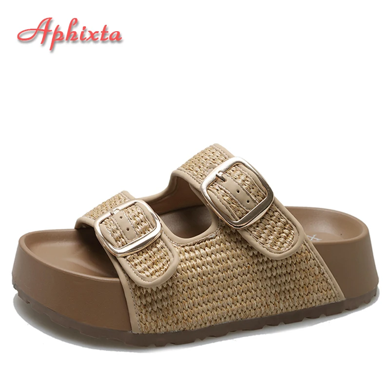 Aphixta 2024 Summer Platform Buckle Sandals Braid Slippers Women Weave Slides Shoes Wedge Slippers Beach Leisure  Shoes