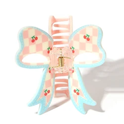 Sweet Pink Lattice Cherry Bowknot Large Size Hair Claw Clip For Women New Ponytail Geometric Hairpin Hair Accessories Headwear