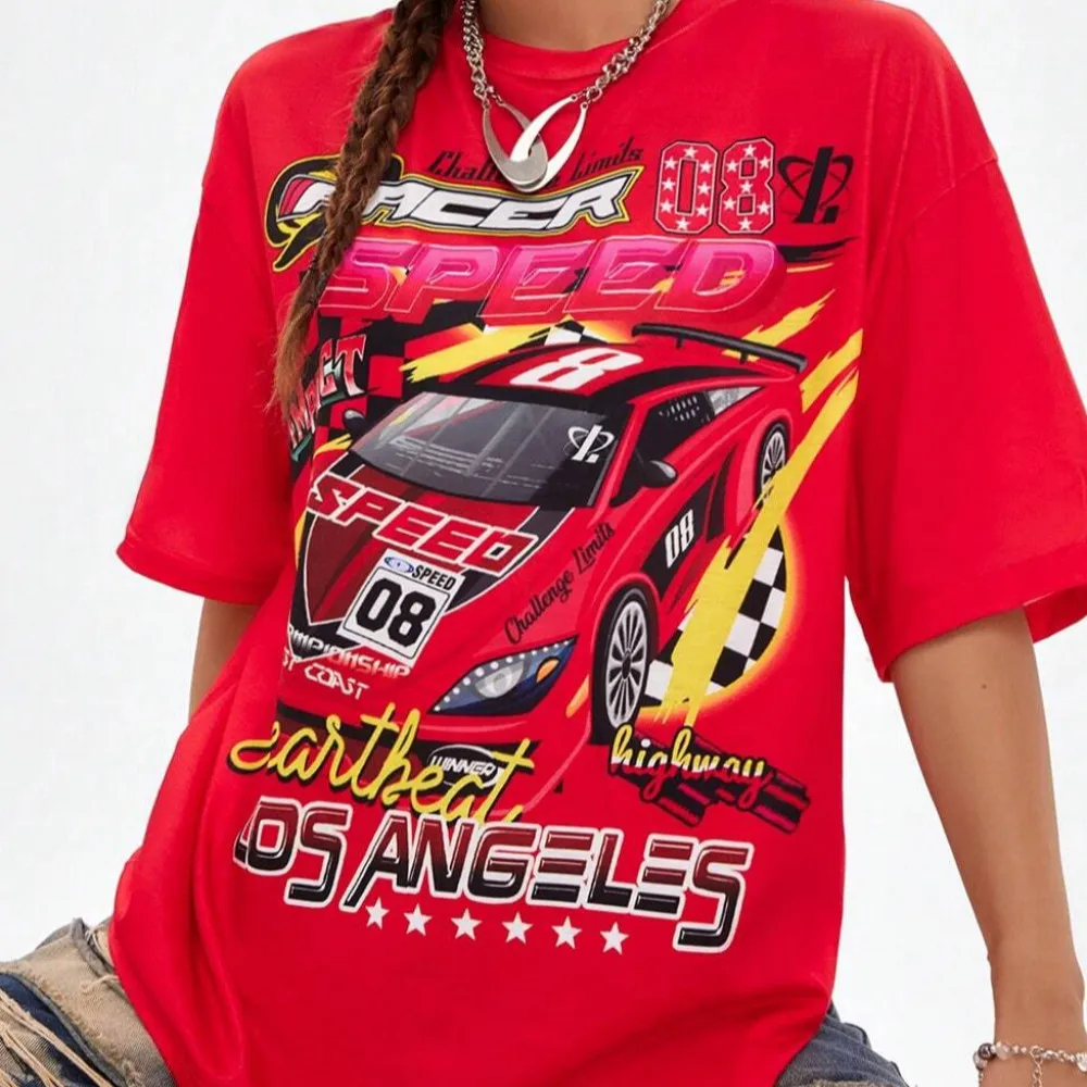 2024 Nowa moda uliczna Letni top z krótkim rękawem Y2K Style Racing Art Print Wysokiej jakości wygodny damski modny T-shirt