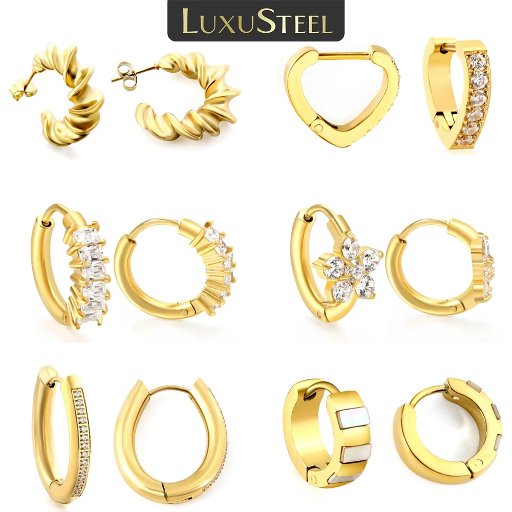 LUXUSTEEL Flower Shape Metal Hoop Earrings Crystal Stainless Steel Stud Earrings for Women Girls Female Earring Jewelry
