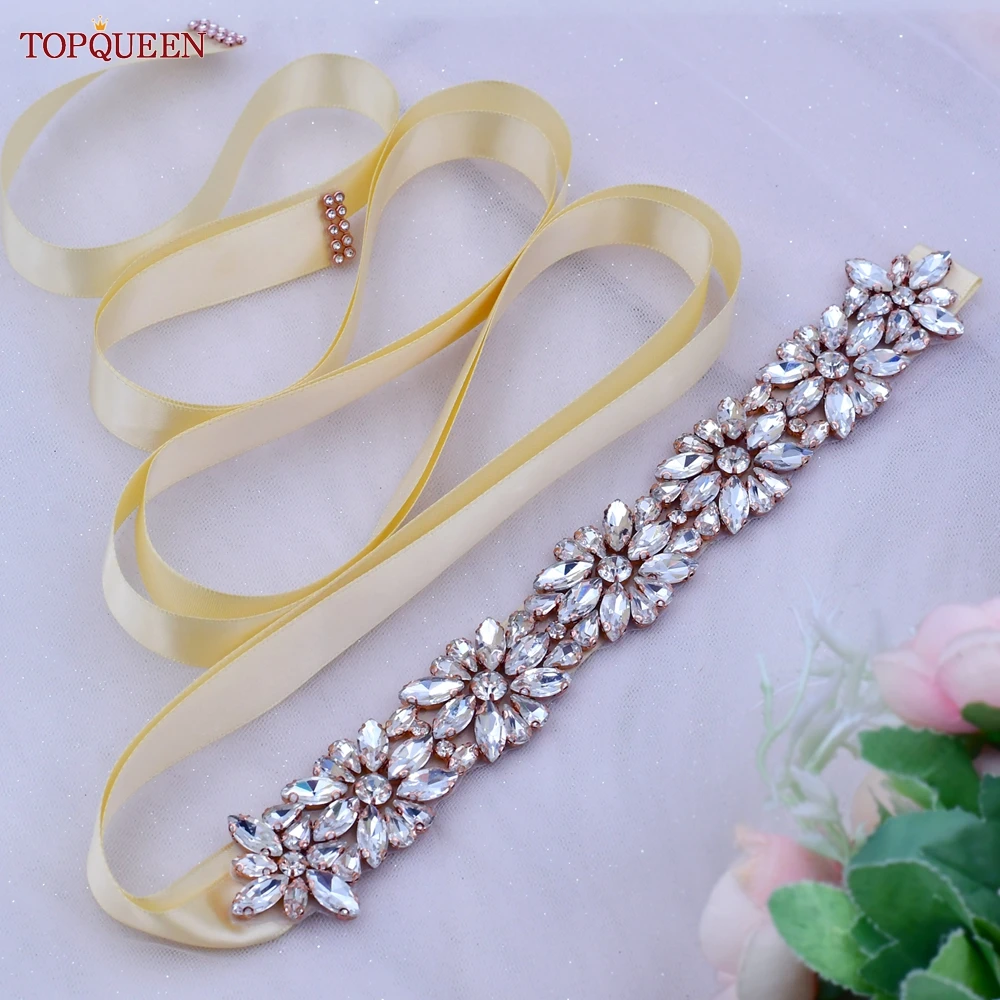 TOPQUEEN Wedding Belt Women Green Luxury Belts Rhinestones for Dresses Moroccan Rose Gold Bridal Satin Diamond Belt S89-RG