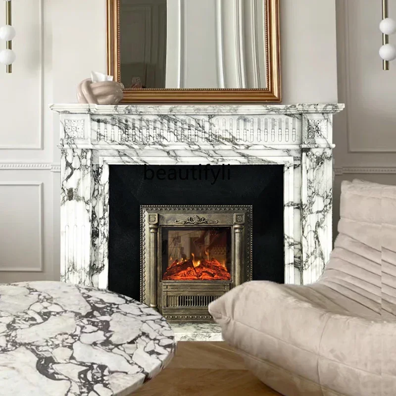 

F Marble fireplace large white stone French retro living room entrance simple fireplace cabinet