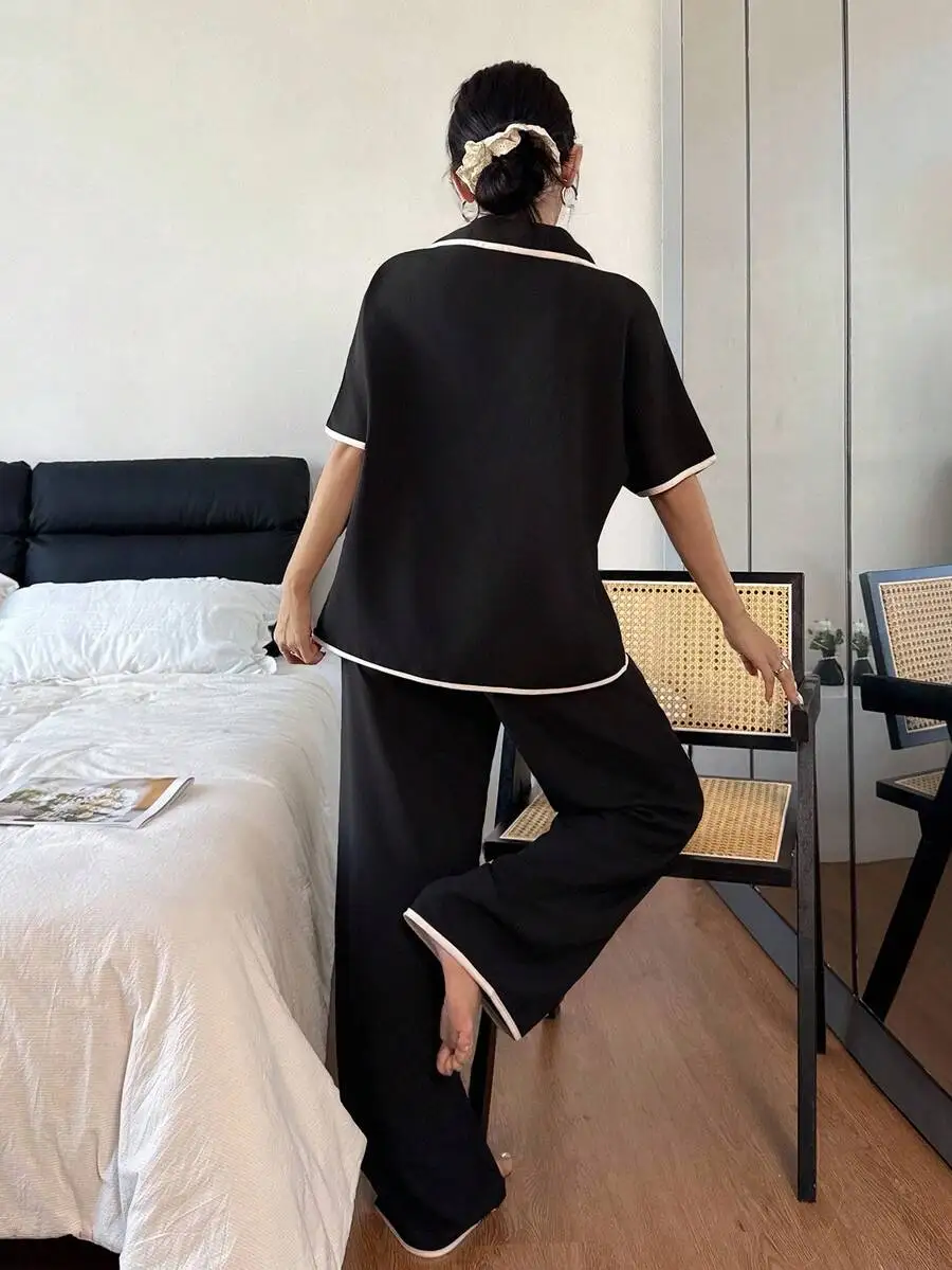 Contrast Trim Lapel Loose Short Sleeve Pajama Set Black Women