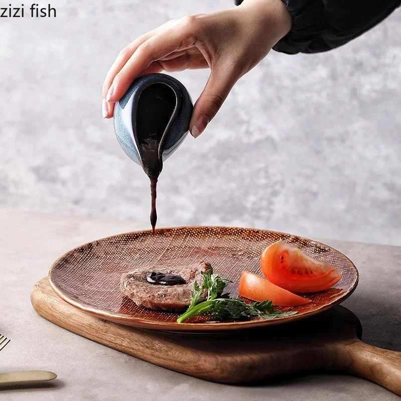 Kiln Changes Ceramic Gravy Boats Steak Sauce Pot Milk Jug Milk Cup Seasoning Pot Water Drop Shaped Retro Restaurant Tableware