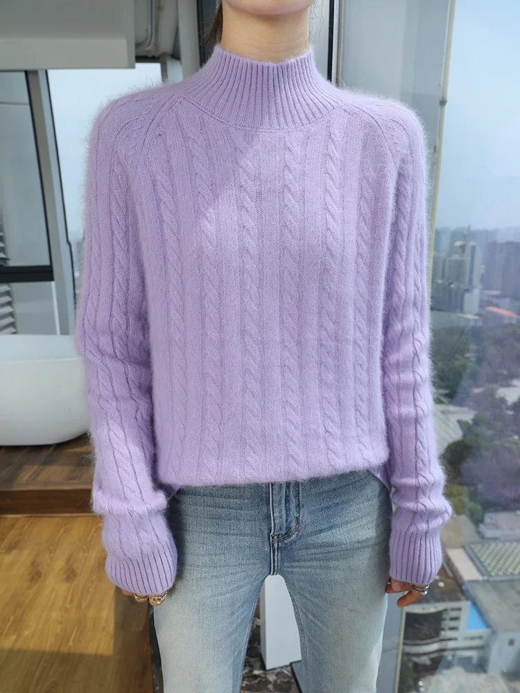 Autumn Winter Women Thick Sweater Mock Neck Pullover Twist Flower 100% Mink Cashmere Soft Warm Cashmere Knitwear Korean Fashion