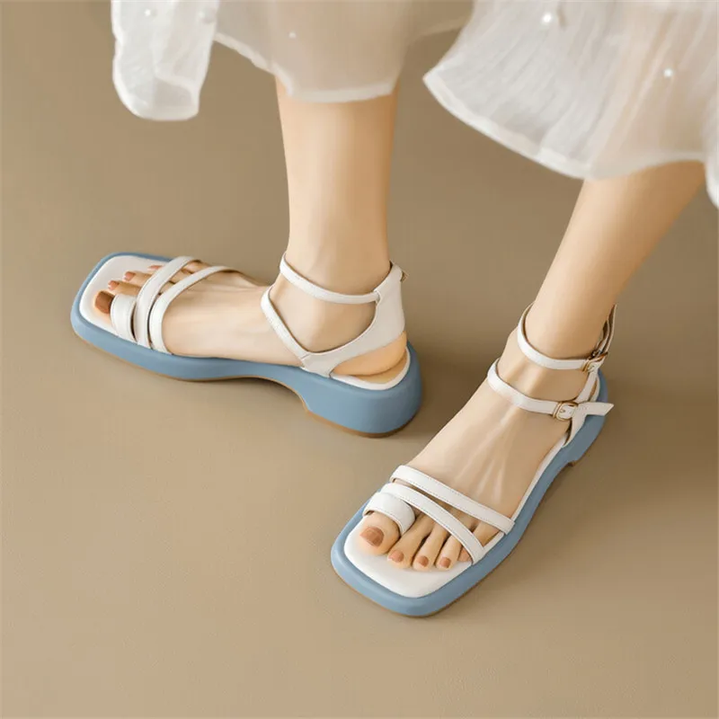 New Genuine Leather Summer Sandals 2023 Square Toe Platform Sandals Cowhide Roman Shoes Women Handmade Shoes for Women