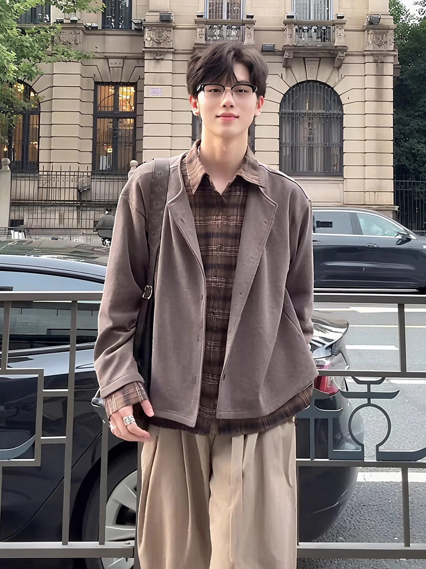 

Plaid irt Design Patchwork Coffee Color Men's Jaet Autumn Season Casual Sle American Faion Antimicrobial Straight Hem