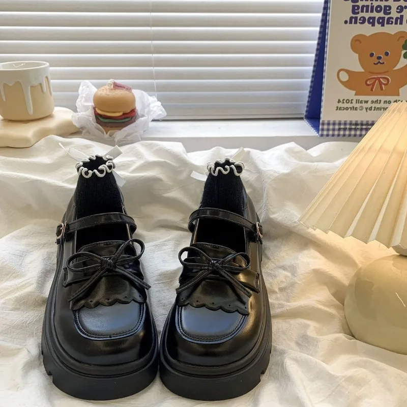Luxury Women's Patent Leather Shoes Lolita Japanese Mary Jane Shoes Elegant Black Bow Increased Walking Shoe Ladies High Heels view 2