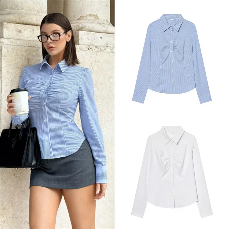 

Женская рубашка, новинка зимы 2025 года, однотонная рубашка с длинным рукавом и воротником с плиссированными деталями, облегающая, простой стиль, модная